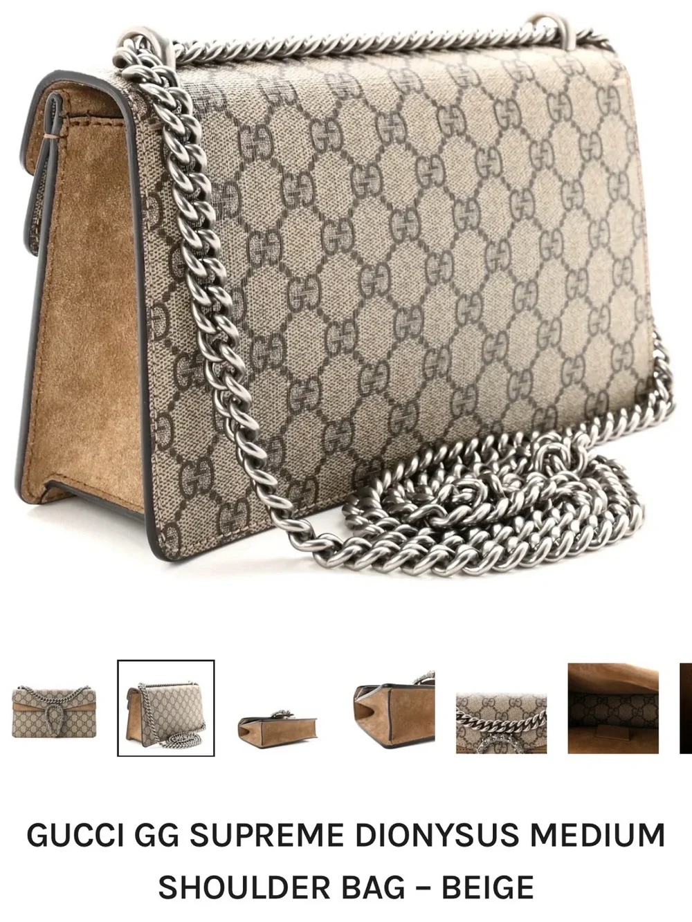 Gucci Beige GG Supreme Dionysus Shoulder Bag with Brown Suede Trim